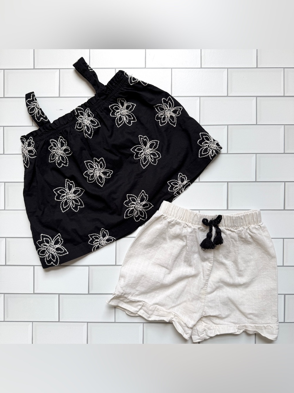 18M🖤 Rachel Zoe RZ Black Cotton Poplin Embroidered Floral Tank & Matching Shorts
